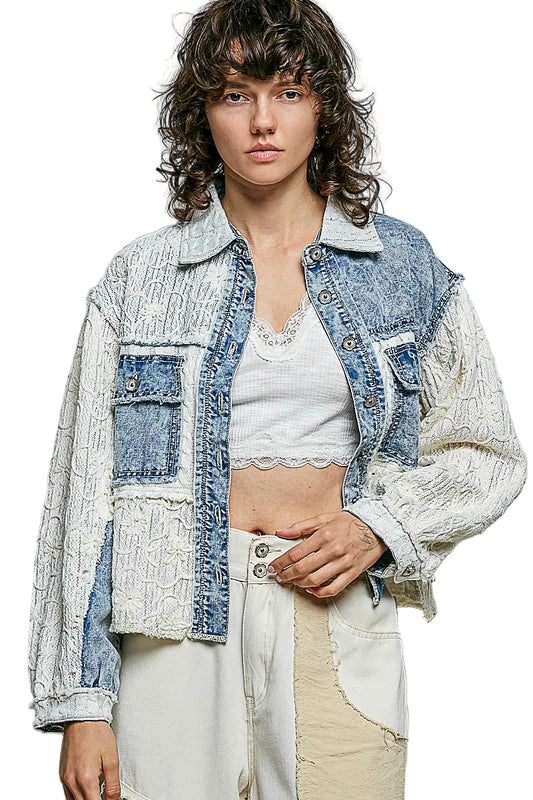 L/S Shirt Twill/Printed Cable Knit and Floral Embroidered Lace