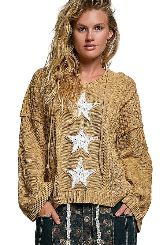 V-Neck L/S Hooded Sweater with Star