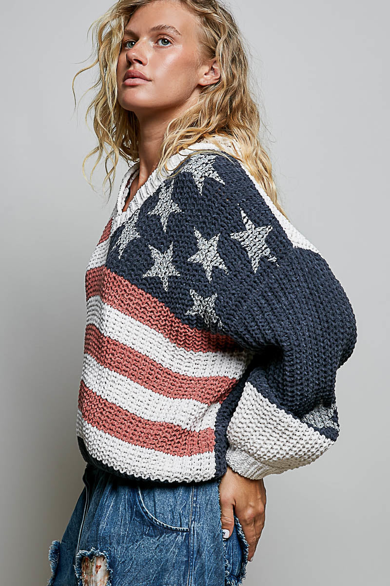 Chenille V-Neck Sweater with Flag
