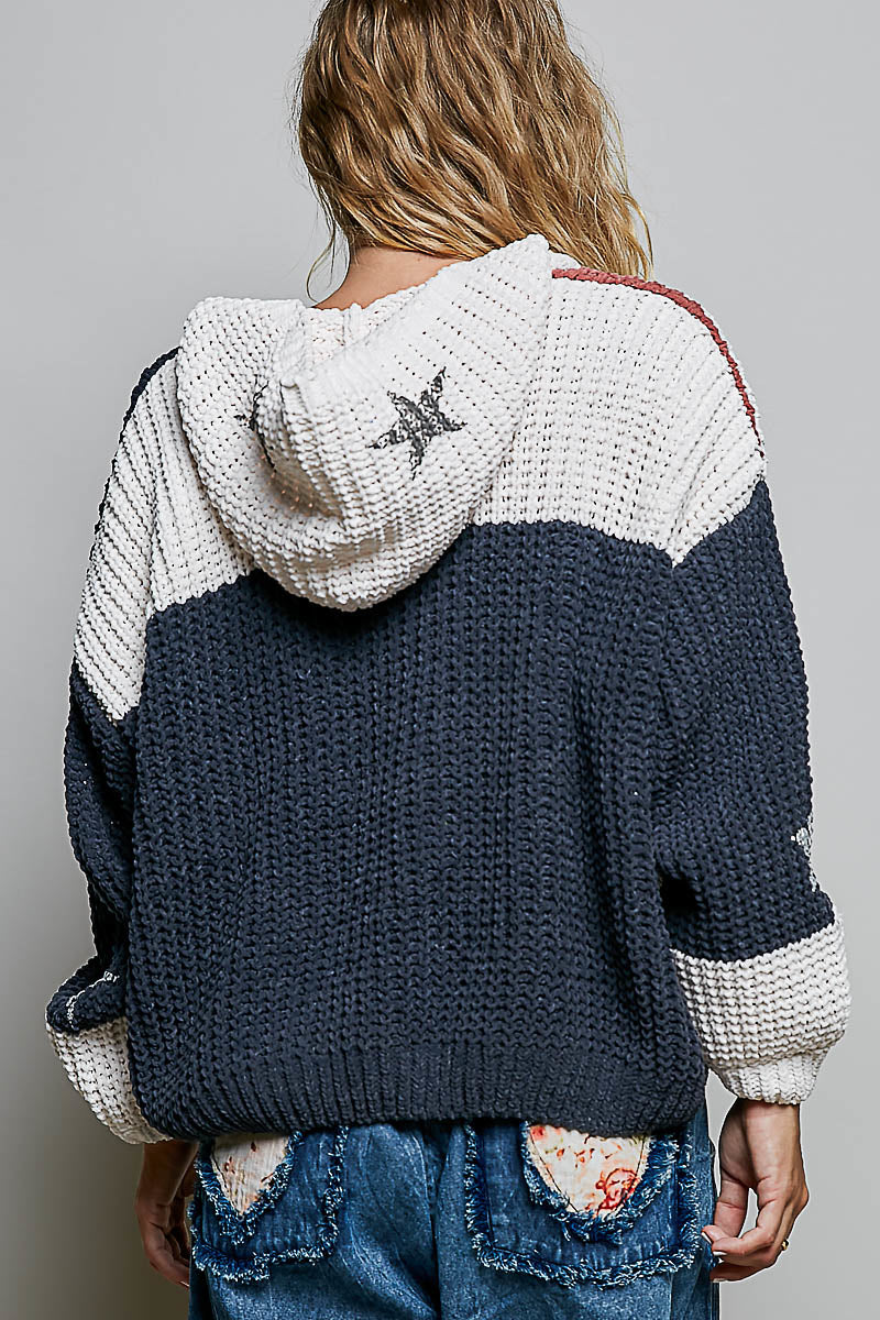 Chenille V-Neck Sweater with Flag