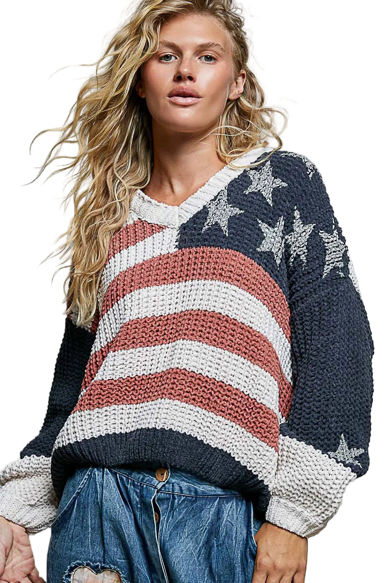 Chenille V-Neck Sweater with Flag
