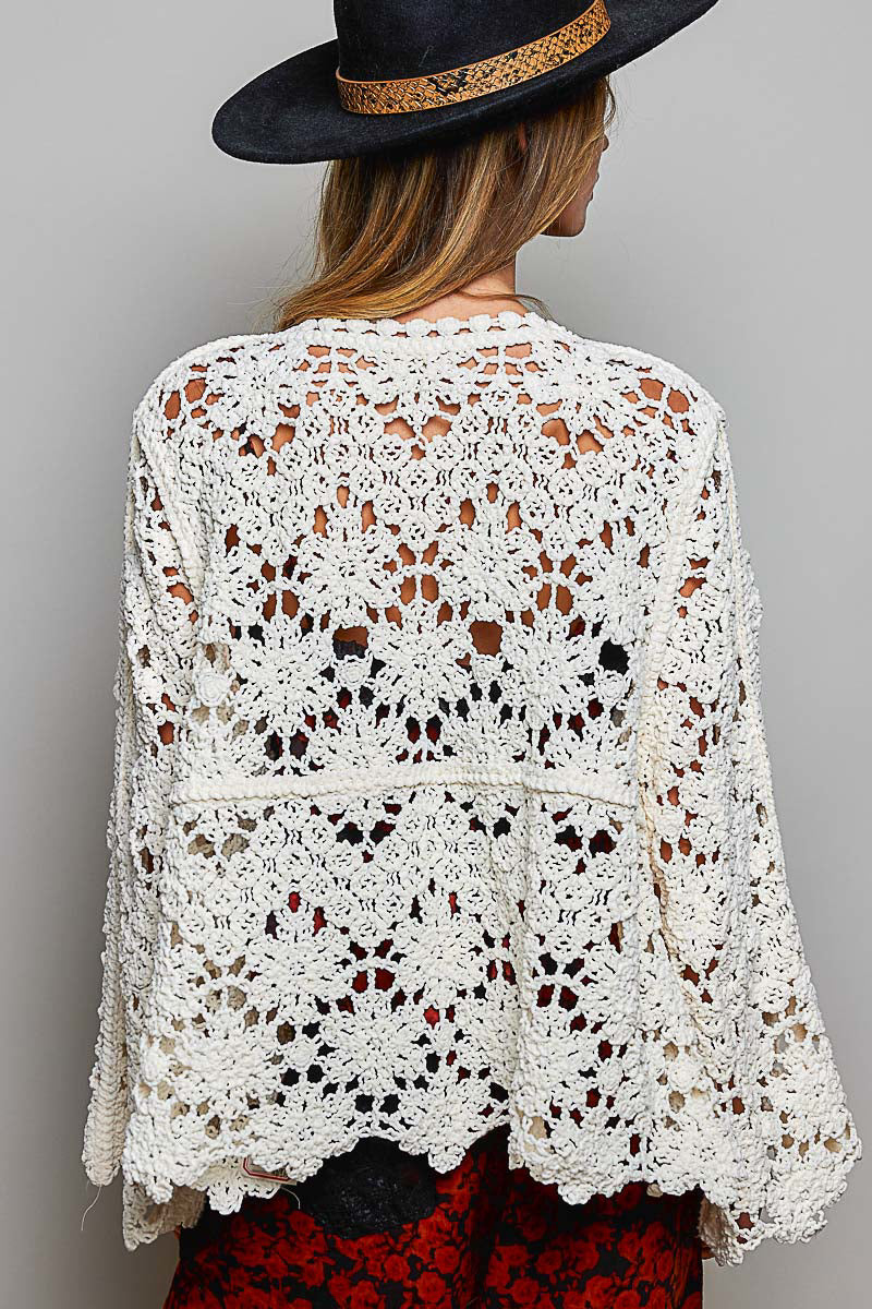 Crochet Knit Cardigan with Open-knit Floral Pattern