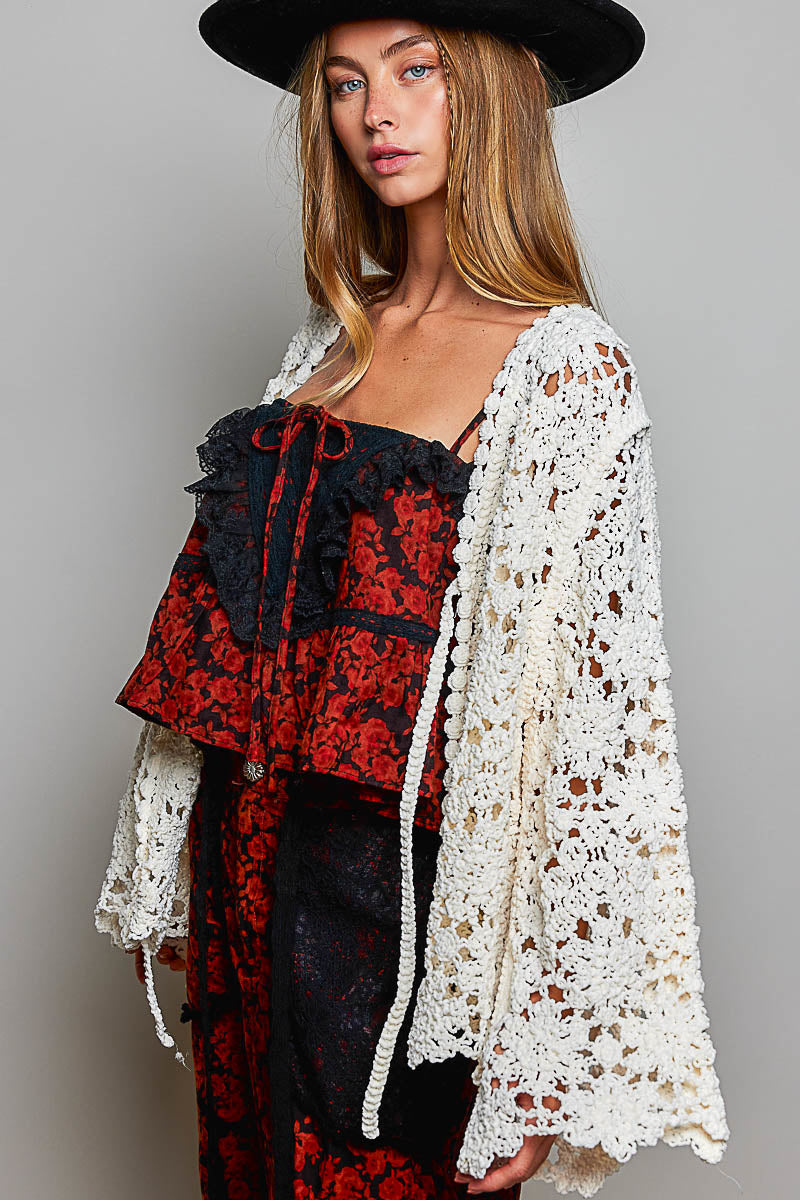 Crochet Knit Cardigan with Open-knit Floral Pattern
