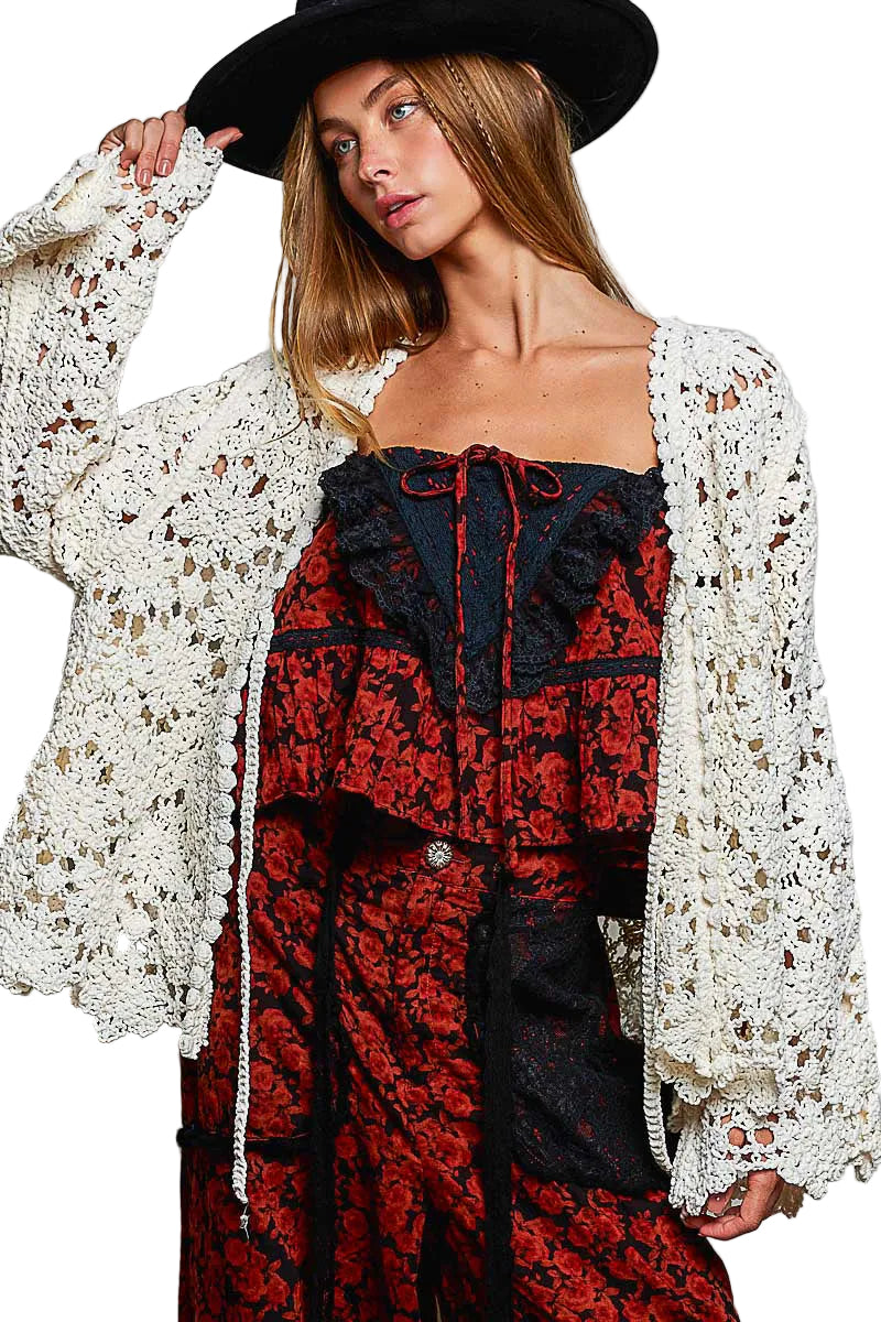 Crochet Knit Cardigan with Open-knit Floral Pattern