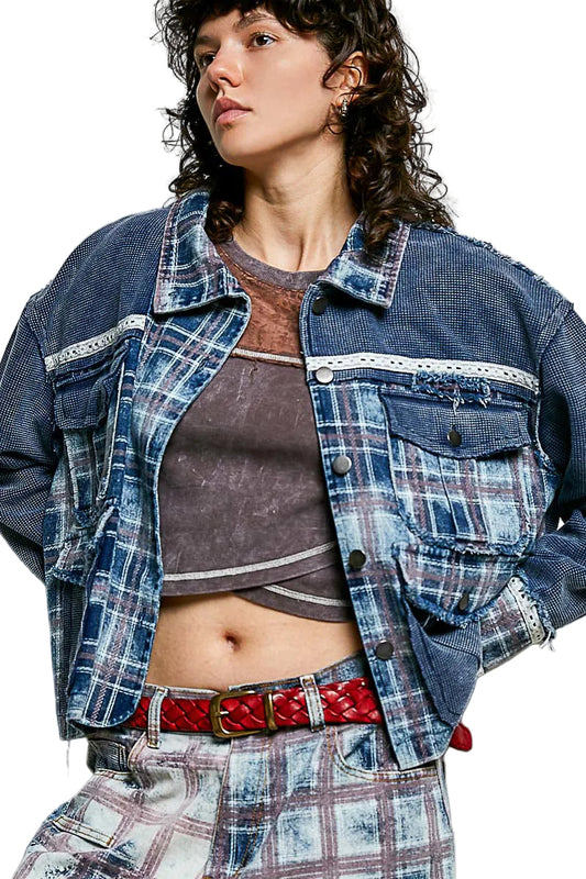 Plaid Twill Jacket with Contrast Waffle Textured Panels
