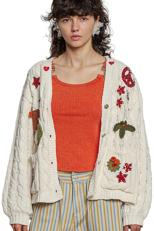 V-Neck Balloon Sleeve Chenille Cardigan with Christmas Patches
