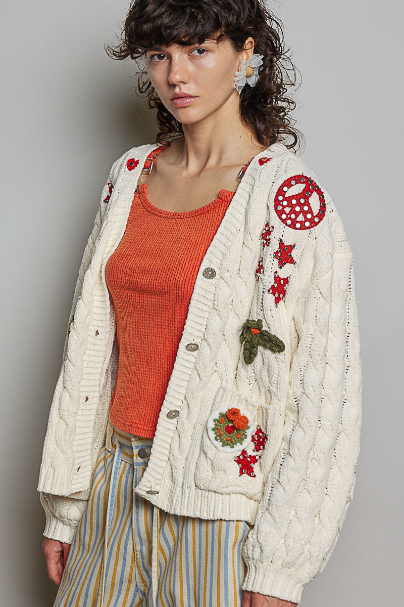 V-Neck Balloon Sleeve Chenille Cardigan with Christmas Patches
