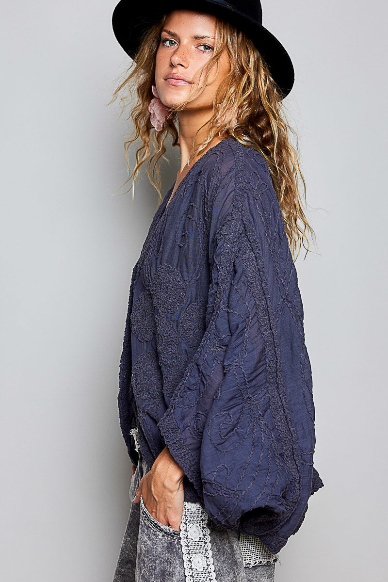 L/S V-Neck Button Front Top