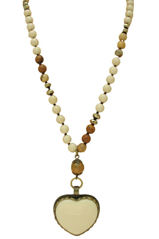 Long Beaded Necklace with Heart Pendant
