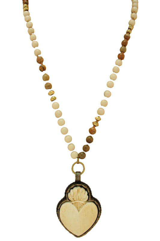 Long Beaded Necklace with Heart Pendant