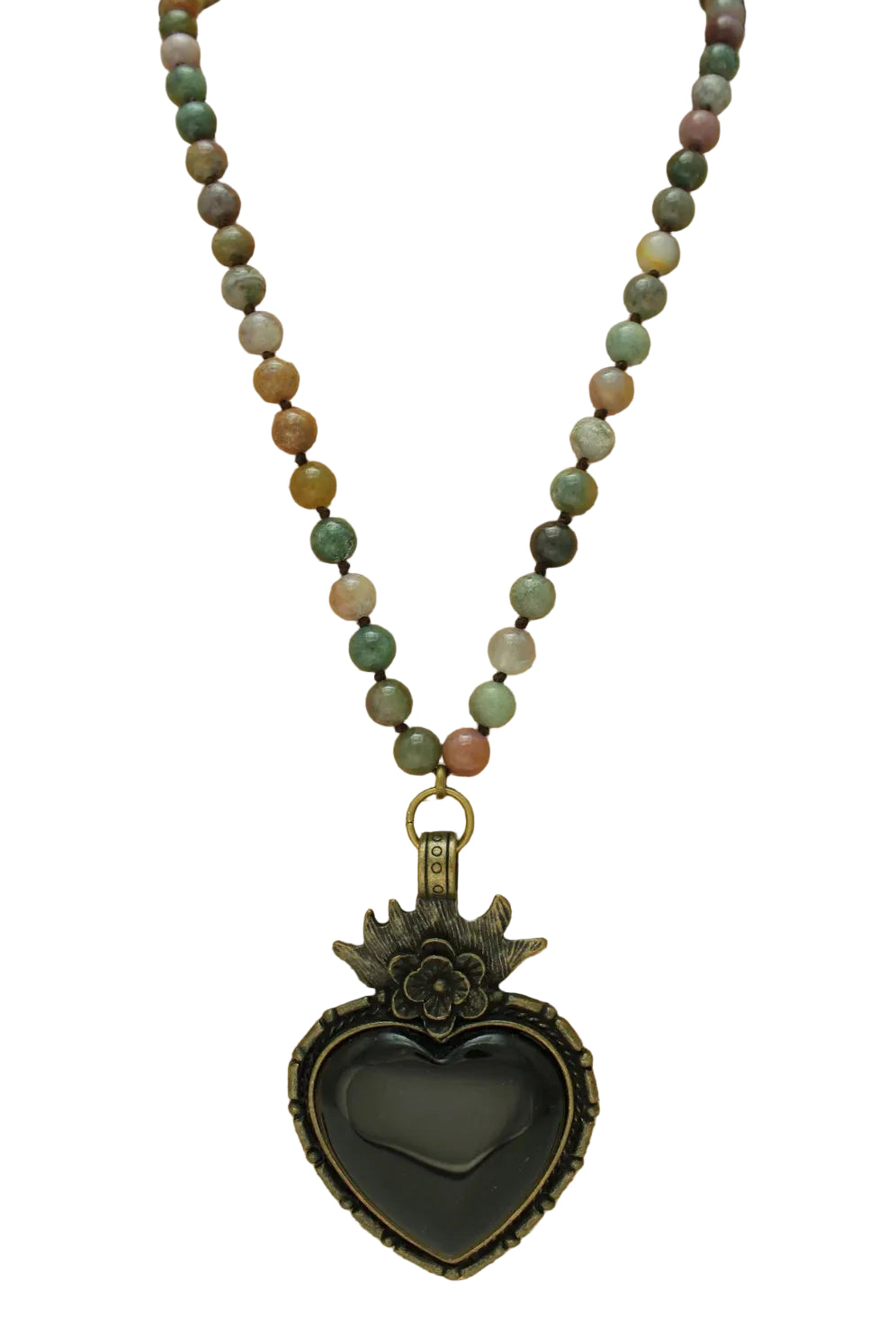 Long Beaded Necklace with Heart Pendant