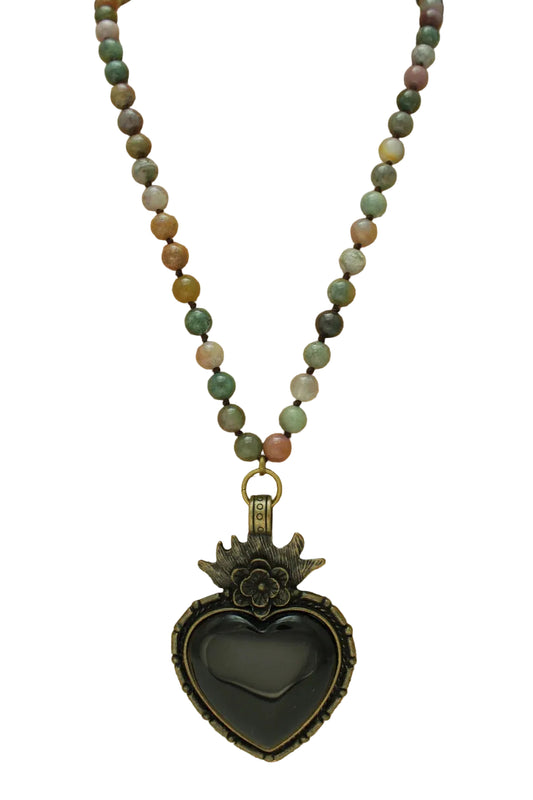 Long Beaded Necklace with Heart Pendant
