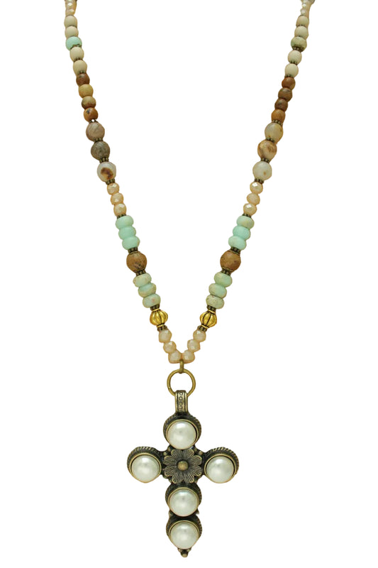 Long Beaded Necklace with Cross Pearl Pendant