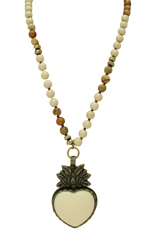 Long Beaded Necklace with Heart Pendant