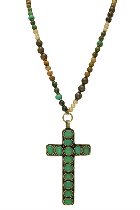 Long Beaded Necklace with Cross Pendant