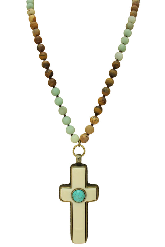 Long Beaded Necklace with Cross Pendant