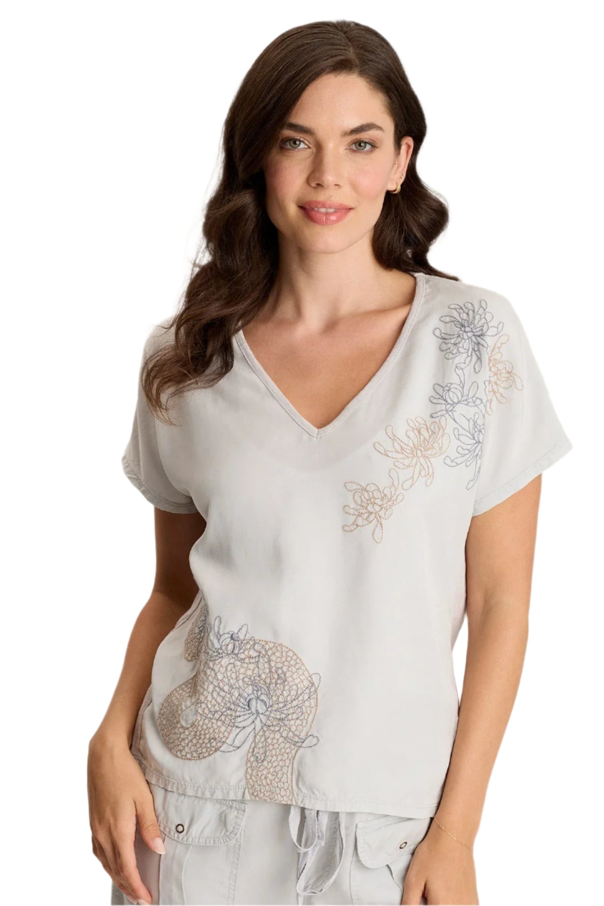 Jolina Twill V-Neck Embroidered Tee