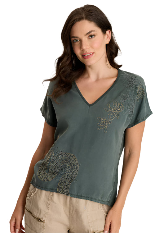 Jolina Twill V-Neck Embroidered Tee
