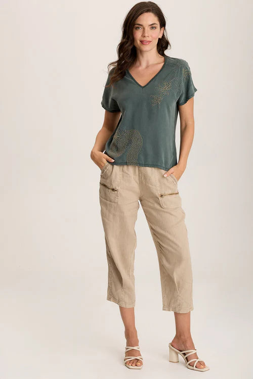 Jolina Twill V-Neck Embroidered Tee