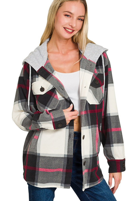 Plaid Drawstring Hooded Fleece Shacket