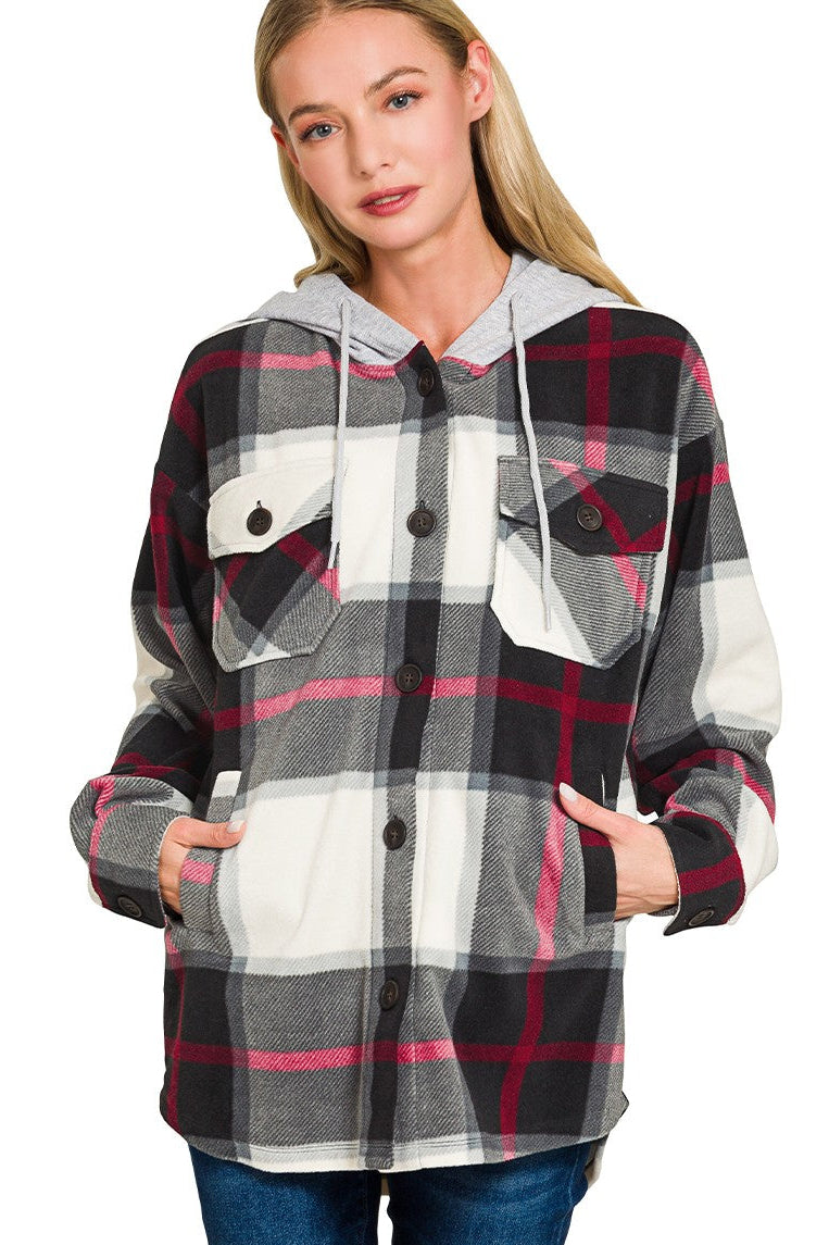 Plaid Drawstring Hooded Fleece Shacket