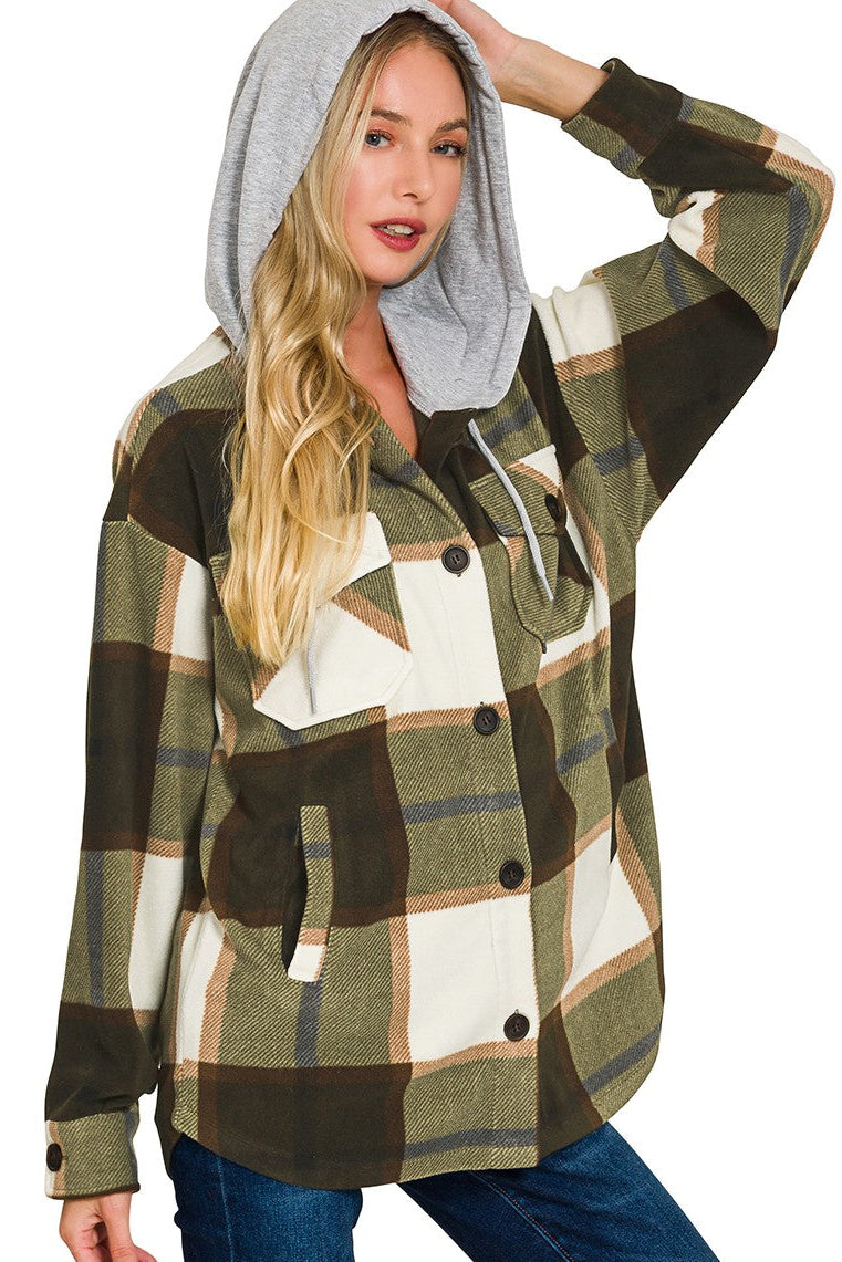 Plaid Drawstring Hooded Fleece Shacket
