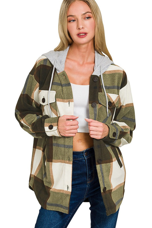 Plaid Drawstring Hooded Fleece Shacket