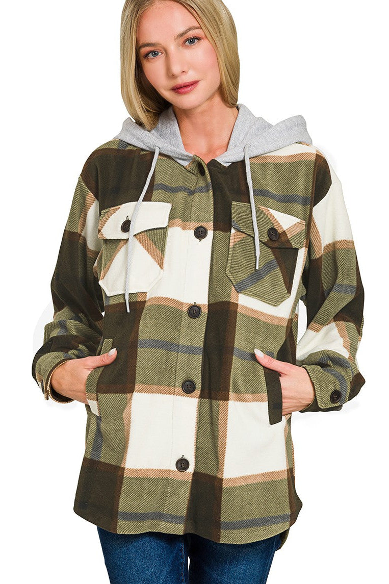 Plaid Drawstring Hooded Fleece Shacket