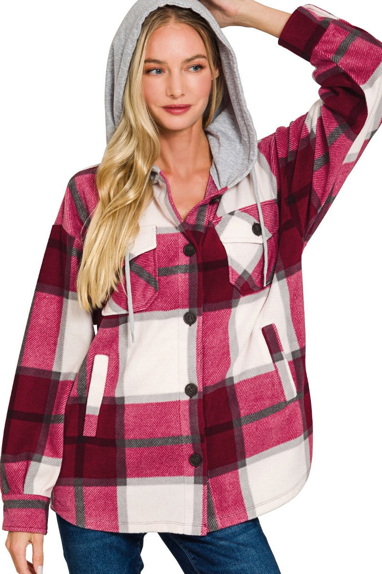 Plaid Drawstring Hooded Fleece Shacket