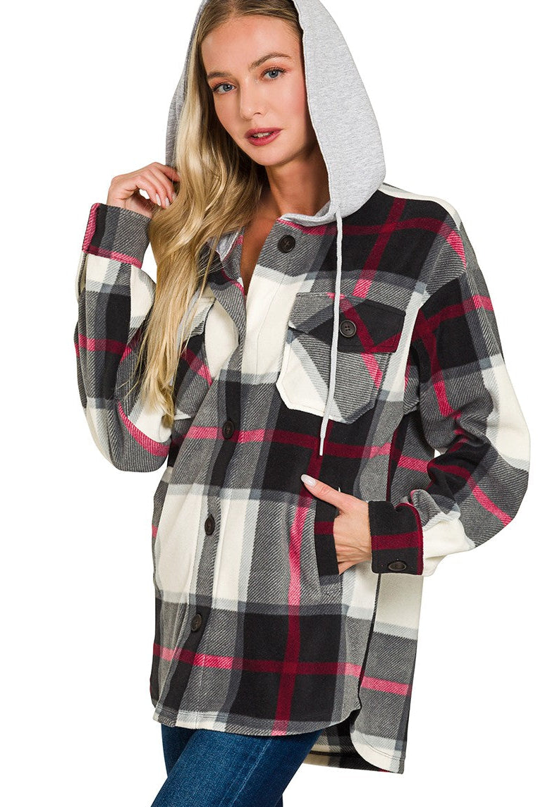 Plaid Drawstring Hooded Fleece Shacket