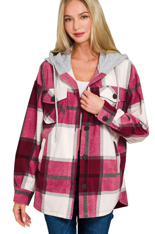 Plaid Drawstring Hooded Fleece Shacket