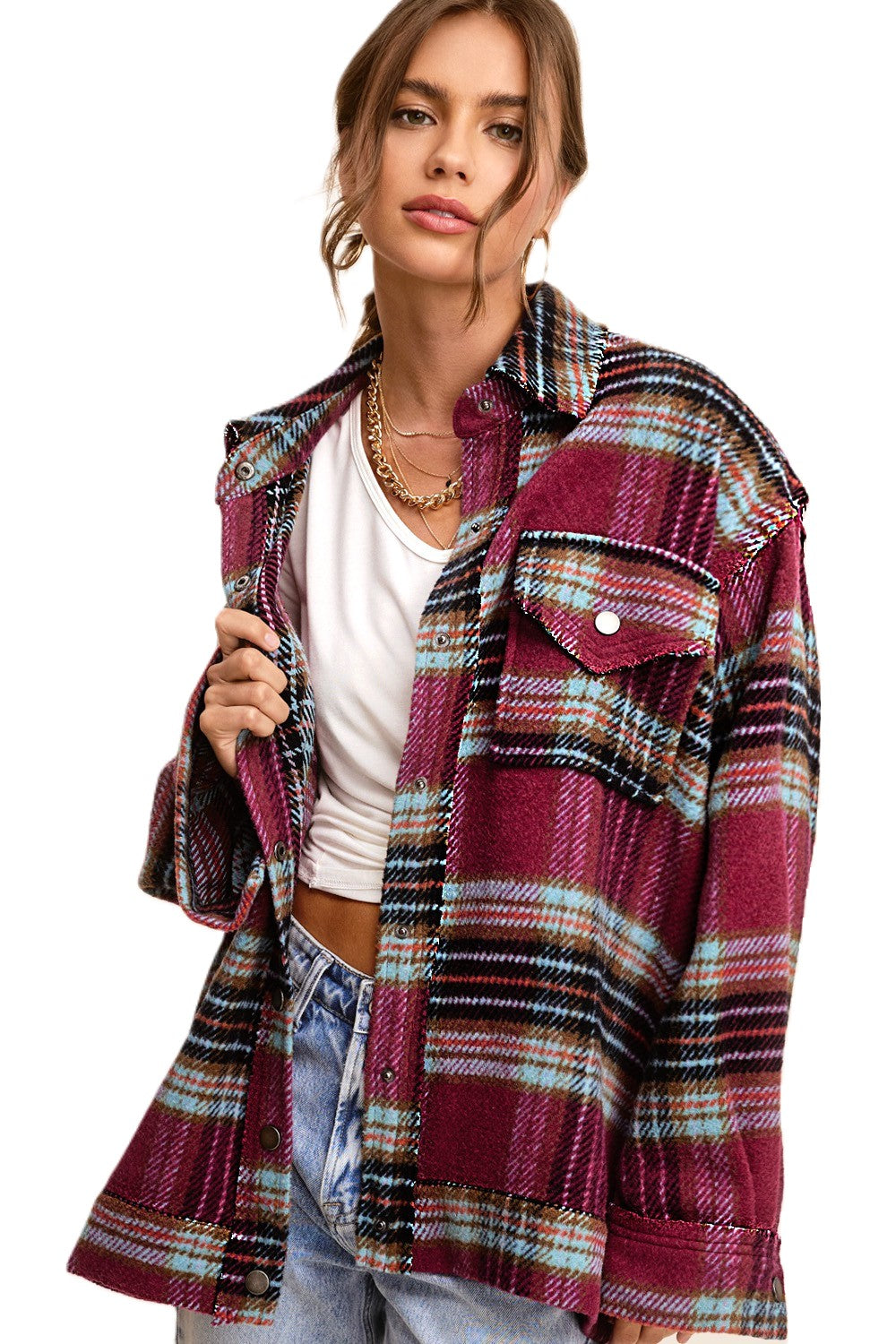 Loose Fit Raw Edge Button Front Plaid Shacket