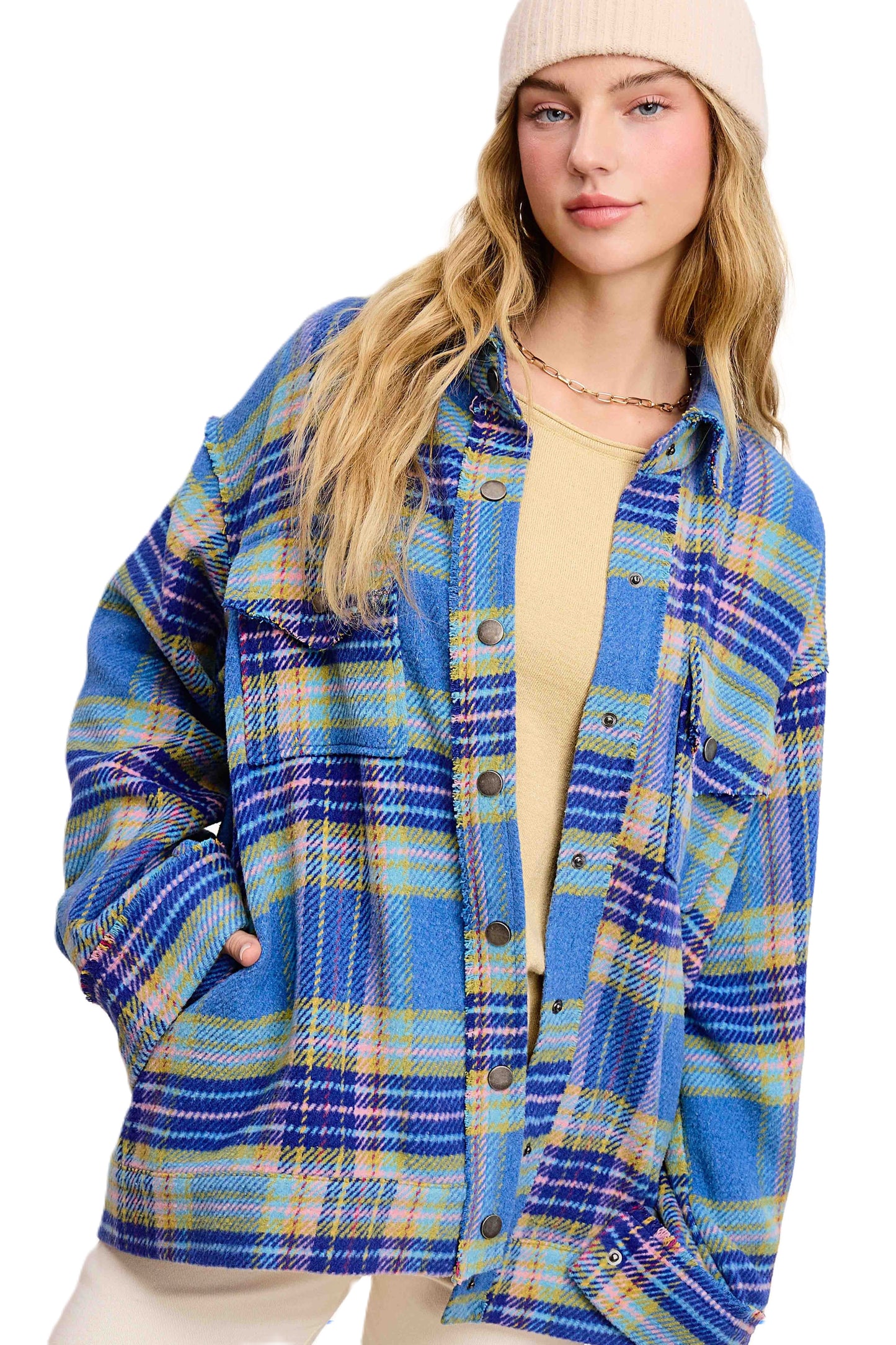 Loose Fit Raw Edge Button Front Plaid Shacket