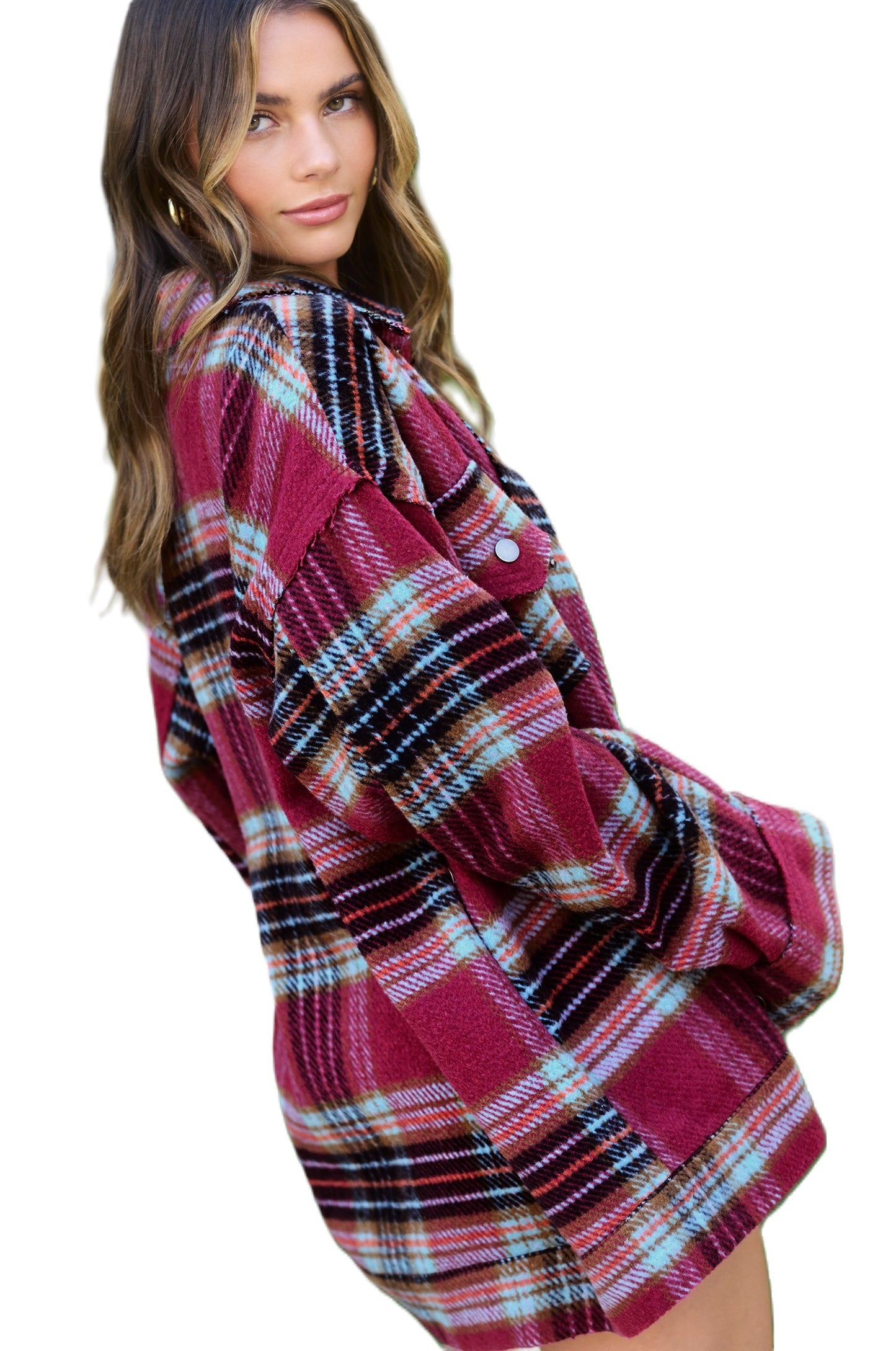 Loose Fit Raw Edge Button Front Plaid Shacket