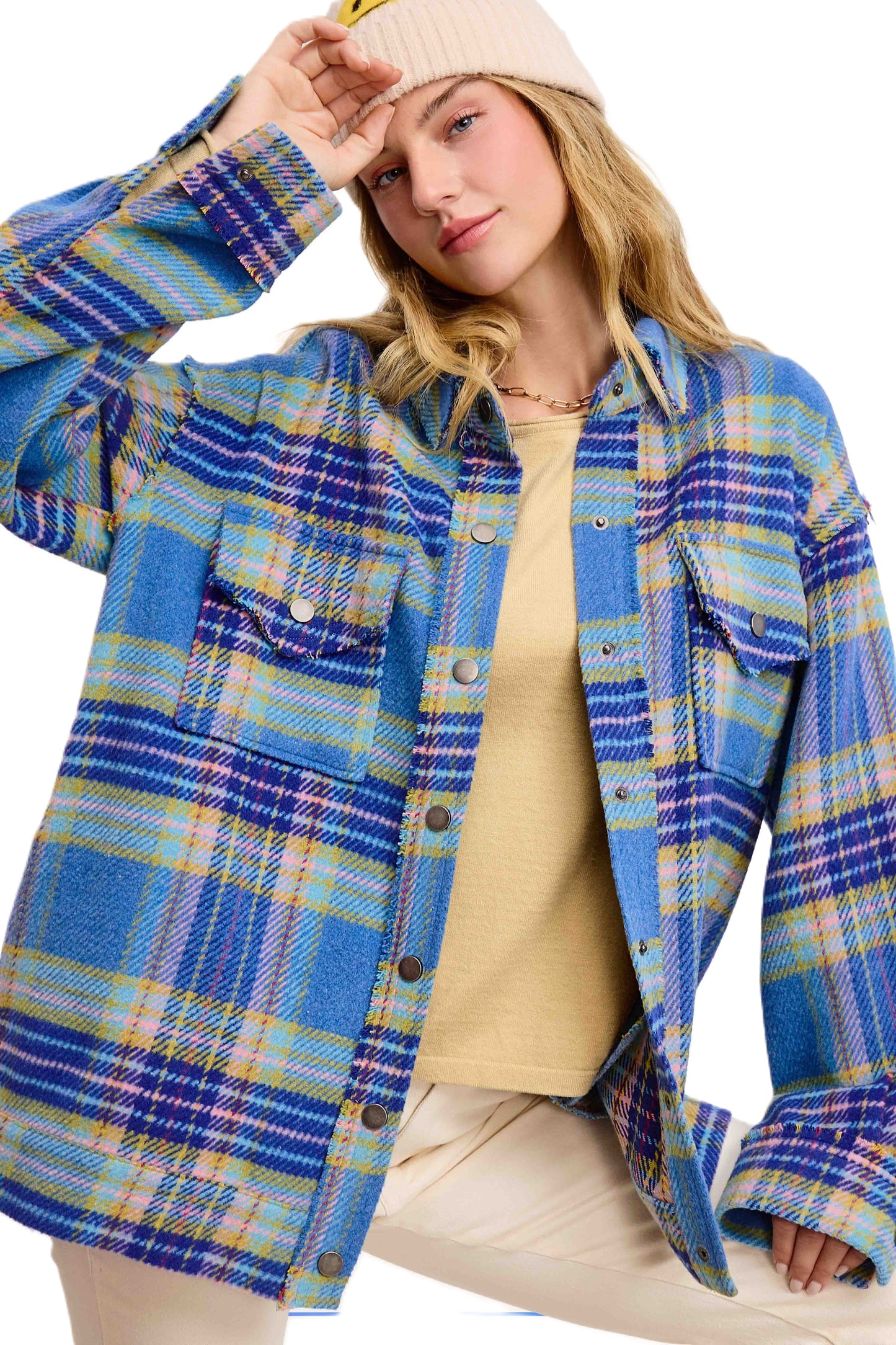 Loose Fit Raw Edge Button Front Plaid Shacket