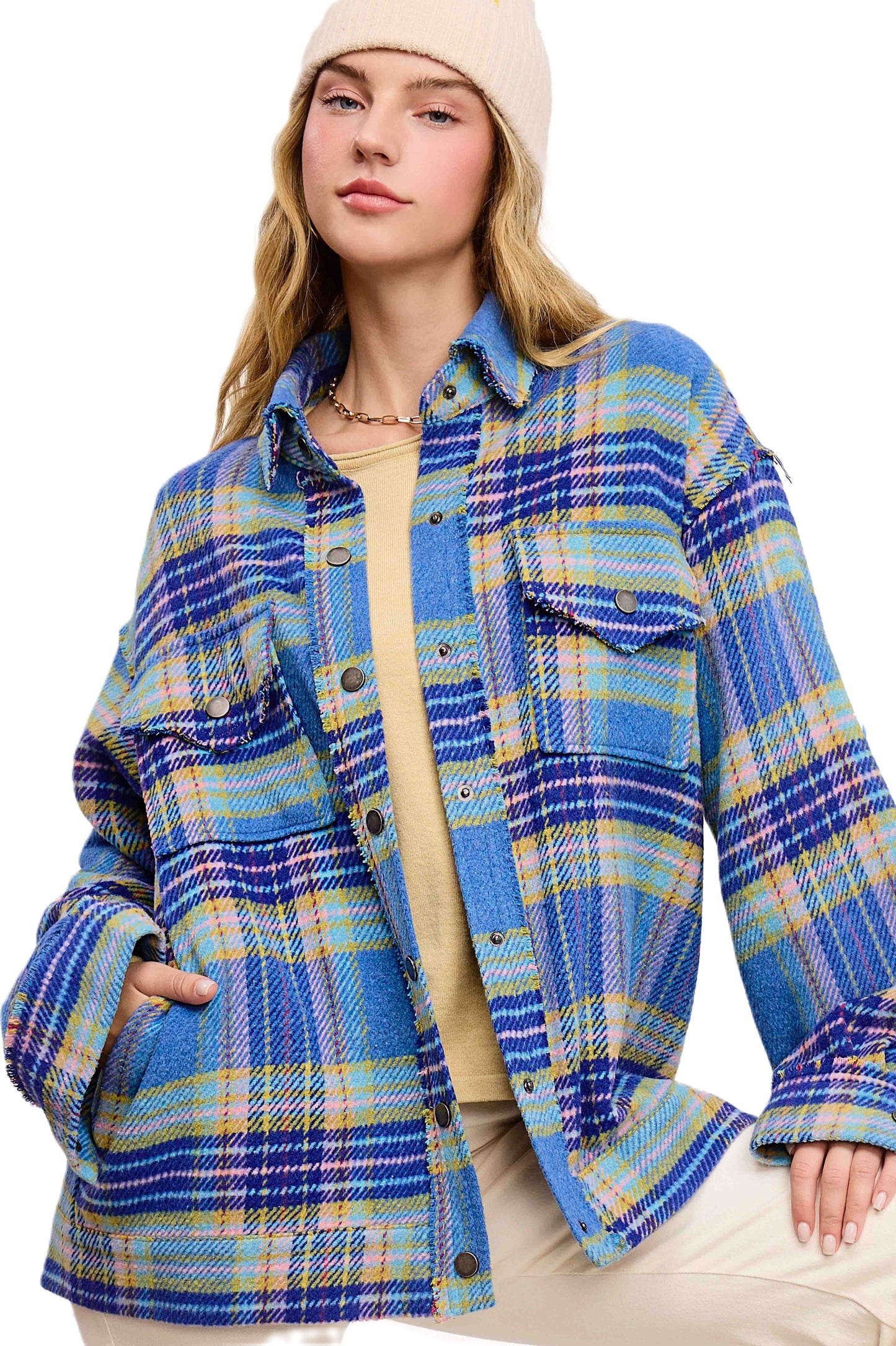 Loose Fit Raw Edge Button Front Plaid Shacket