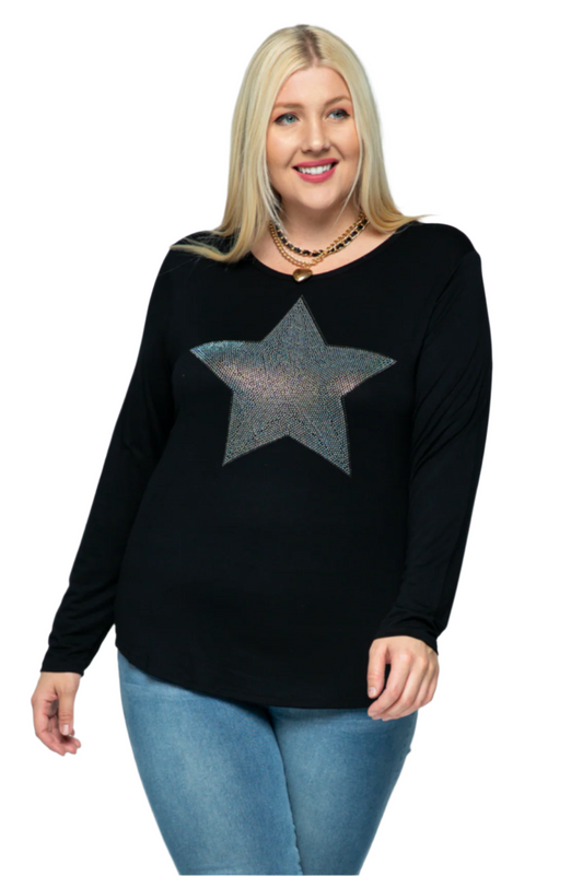 Round Neck Long Sleeve Top With Rhinestone Star