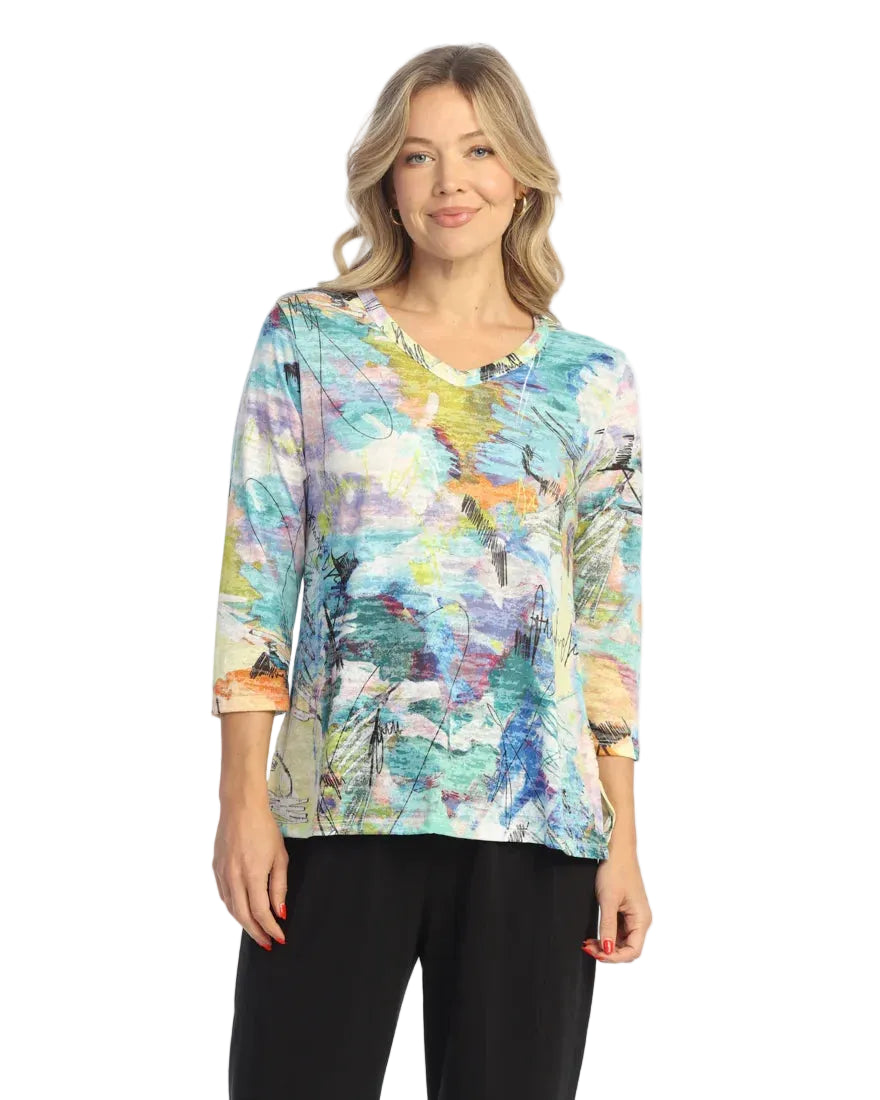 3/4 Sleeve Burnout V-Neck Top - Kelly