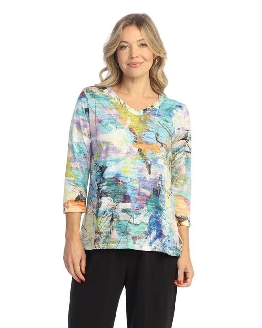 3/4 Sleeve Burnout V-Neck Top - Kelly