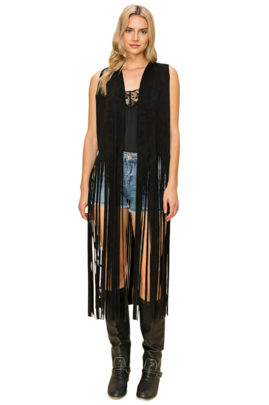 Faux Suede Long Vest with Fringe