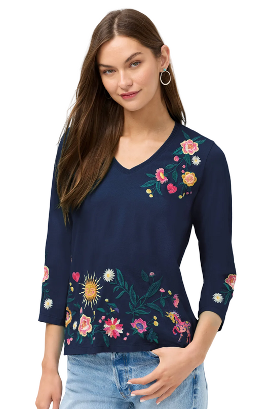 3/4 Slv Trapunto V-Neck Tee - Ziviana