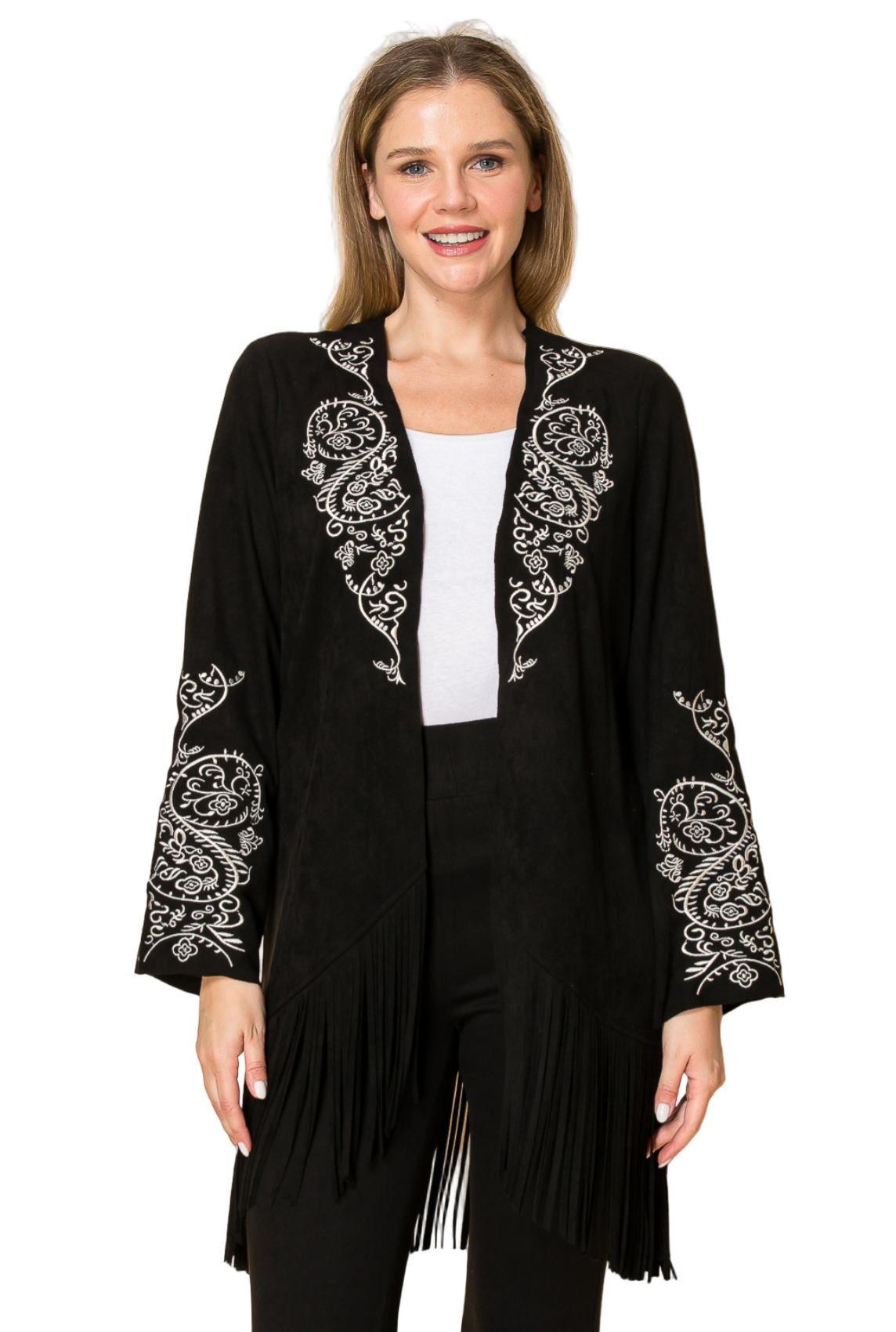 L/S Suede Cardigan with Front and Sleeve Embroidery