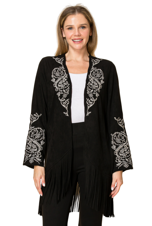 L/S Suede Cardigan with Front and Sleeve Embroidery
