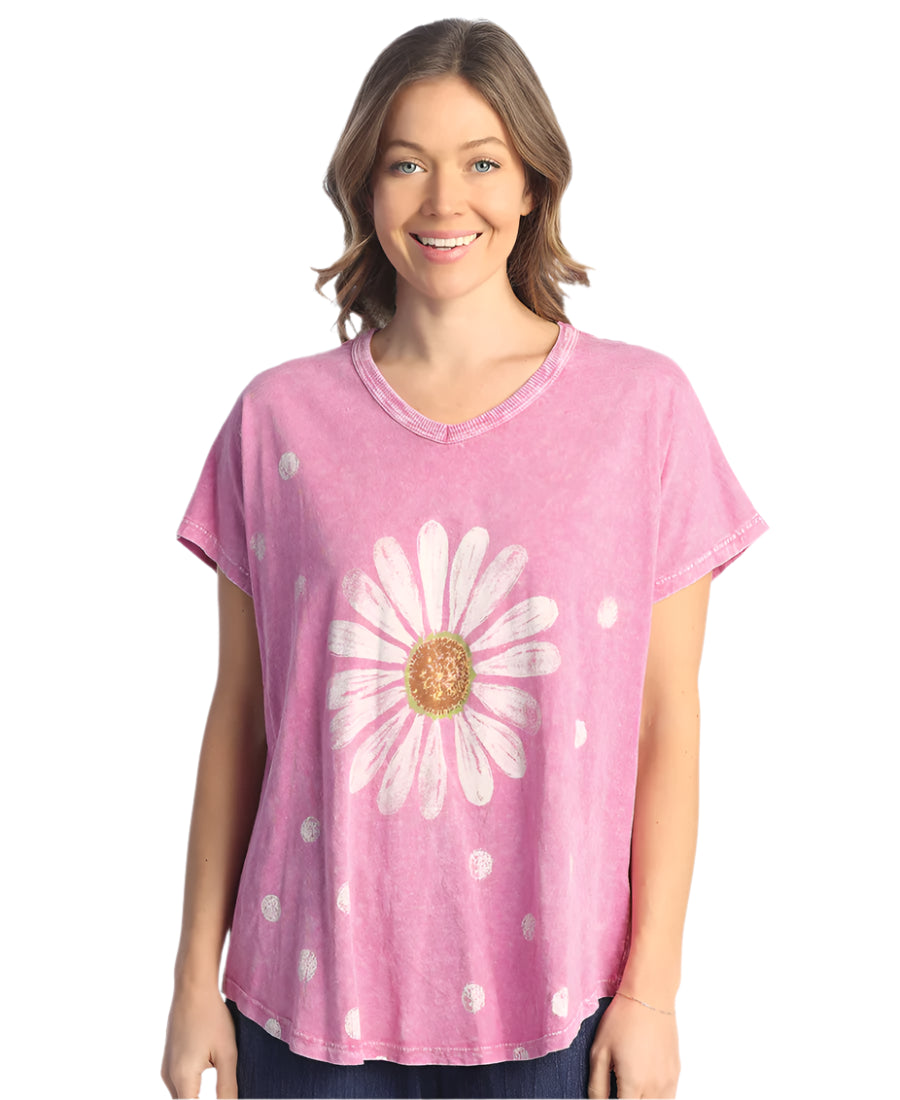 C-Mineral Washed 100% Cotton S/S Top, Happy Days
