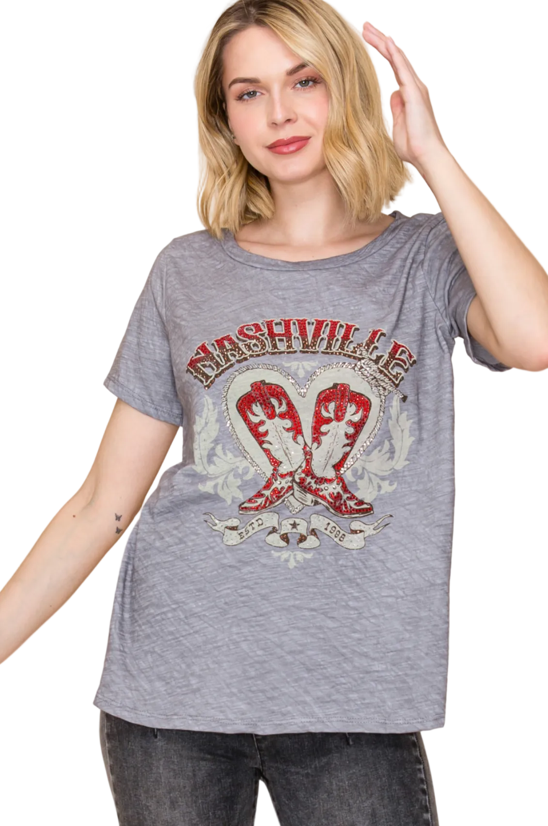 S/S Relaxed Fit Tee with Stones - Cowboy Boots Print