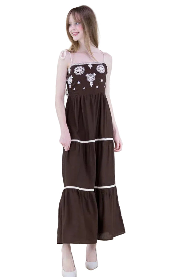 Medallion Embroidered Bodice Rope Strap Maxi Dress