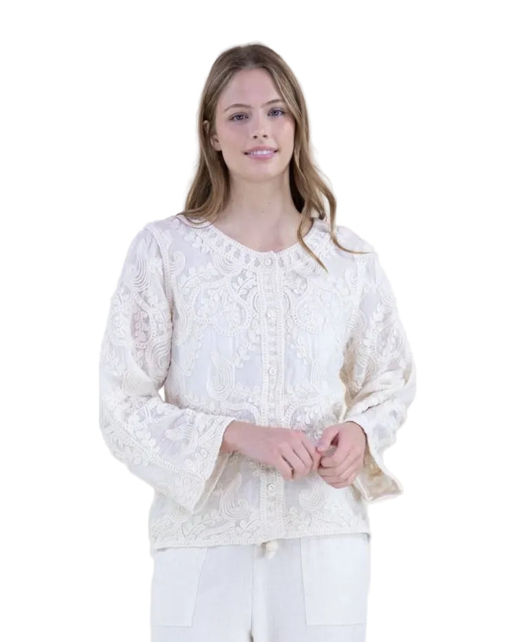 Embroidered Crew Neck Button Up Shirt