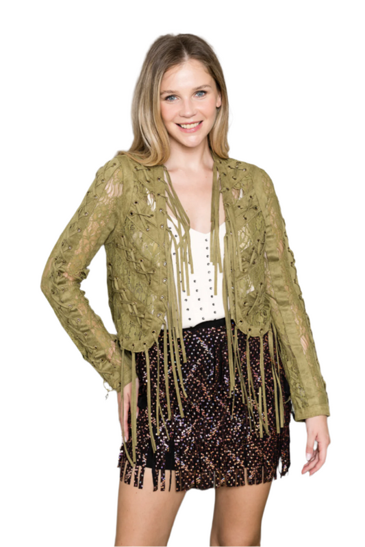 Open Front Long Jacket with Eyelet and Fringes