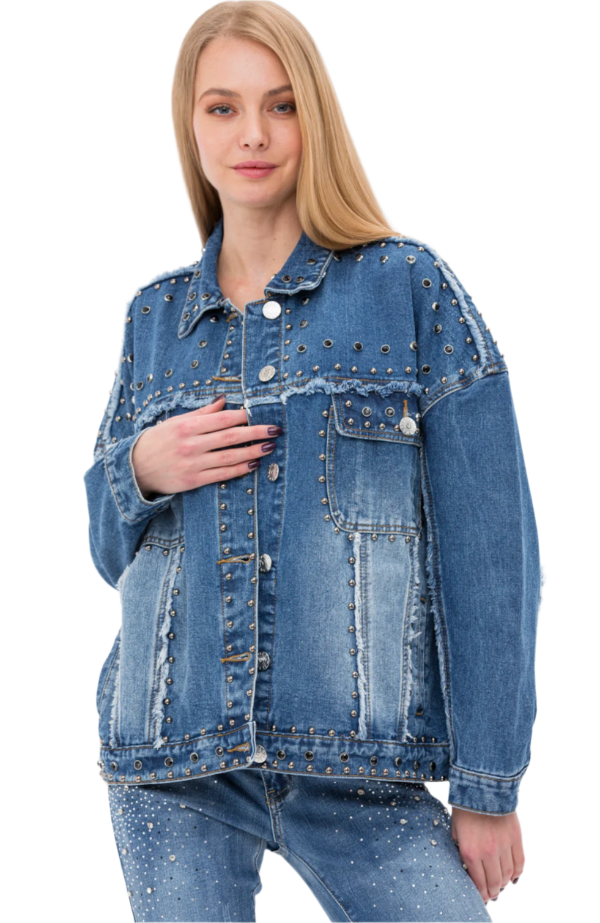 Denim Oversized Jacket with Studs