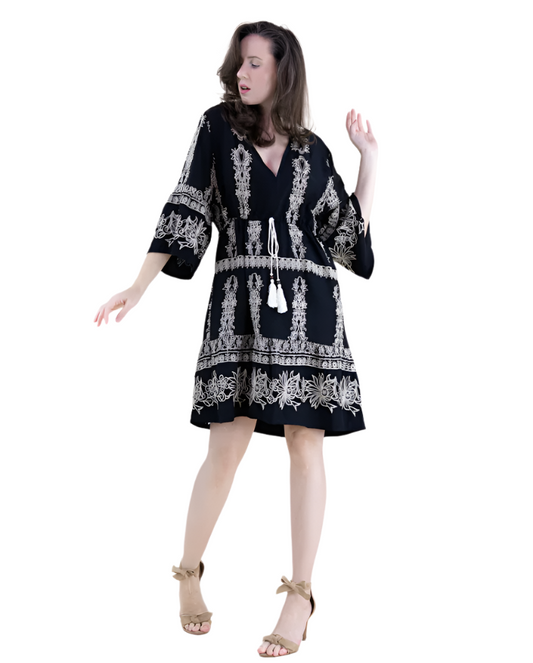 Boho Damask Motif Embroidered Short Dress